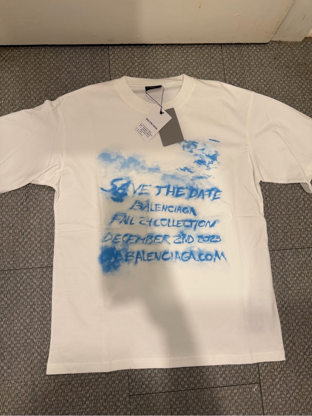 Balenciaga White Crewneck T-Shirt with Blue Spray Graphic
